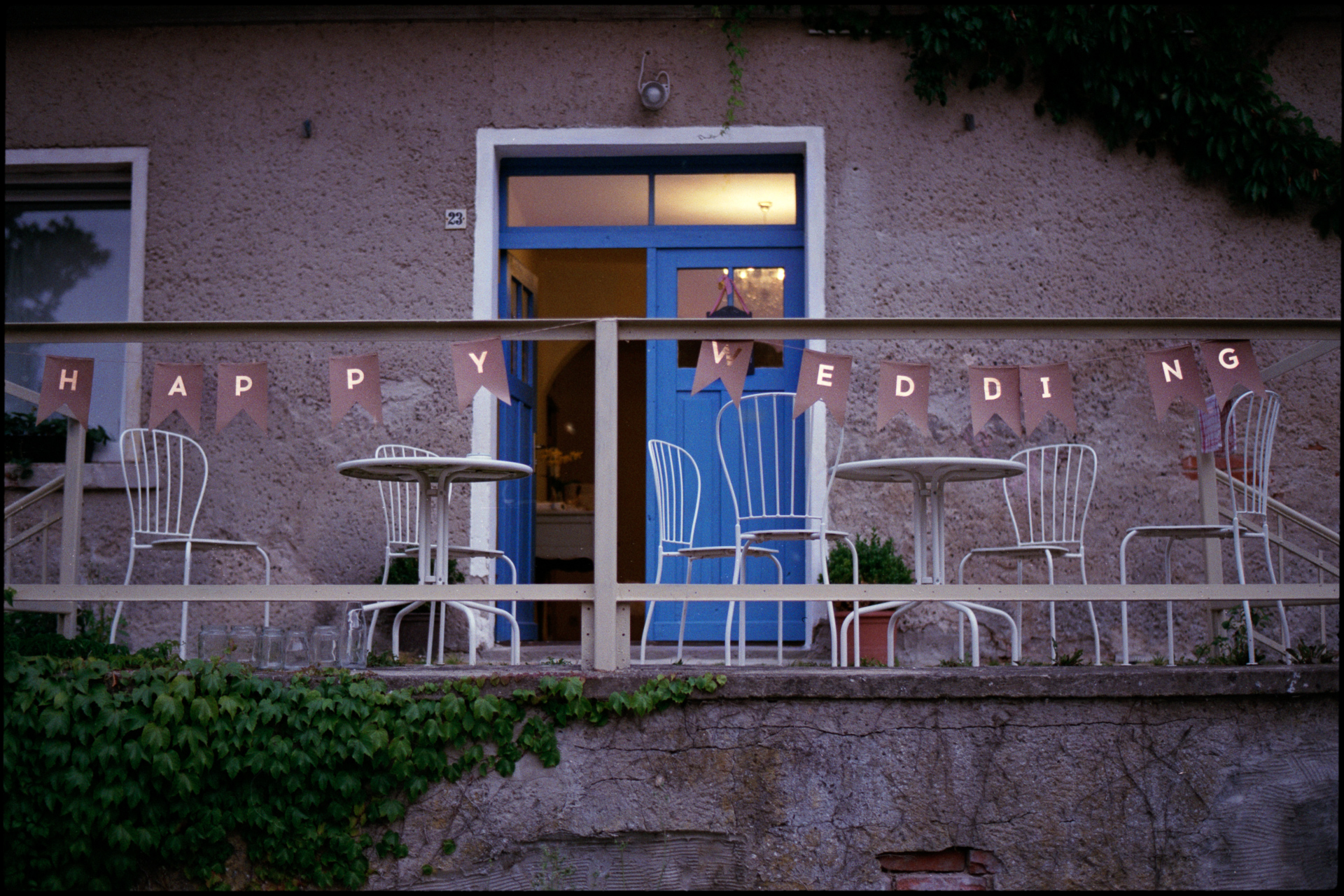 The venue terrace in the evening, Maike & Daniel wedding in Brandenburg